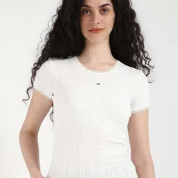 Tommy Hilfiger Women Self Design Round Neck Cotton Slim Fit T-shirt-image-76