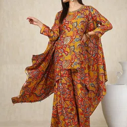Soch Mustard Floral Printed Round Neck Three-Quarter Sleeves Top With Palazzo-image-10