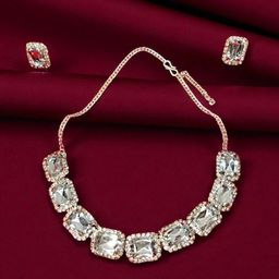 FEMMIBELLA Silver-Plated American Diamond Studded Necklace & Earrings Jewellery Set-image-2