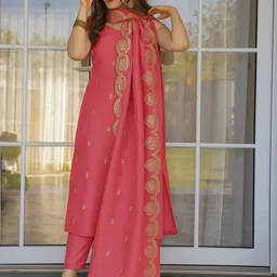 Brand Hill Floral Woven Design Sequinned Chanderi Silk Kurta With Trousers & Dupatta-picture-43