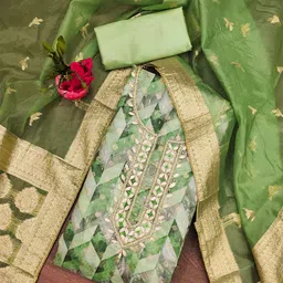 SHADOW & SAINING Floral Woven Design Sequinned Organza Semi-Stitched Dress Material-image-16