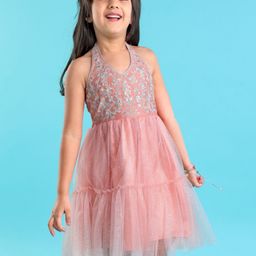 Babyhug Sleeveless Floral Embroidered Halter Neck Ethnic Dress - Pink-image-53