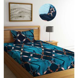 Arrabi Blue Graphic TC Cotton Blend Single Size Fitted Bedsheet with 1 Pillow Cover - Multicolour-image-35