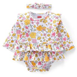 Babyhug  100% Cotton Knit Full Sleeves Floral Printed Onesie with Hairband - Multicolour-image-52