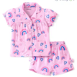 Babyoye Eco Conscious 100% Cotton with Anti Bacterial Finish Half Sleeves Night Suit Rainbow & Heart Print - Pink-picture-17