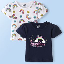 Doodle Poodle 100% Cotton Single Jersey Knit Half Sleeves Top Floral Print Pack Of 2 - White & Navy Blue-picture-16