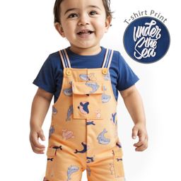 Babyoye Peaknit Pique Whale Printed Dungaree with Puffy Printed Half Sleeves T-Shirt - Orange & Blue-image-28