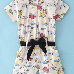 Dew Drops Poplin Half Sleeves Jumpsuits with Belt Tropical Print - Red-image-71