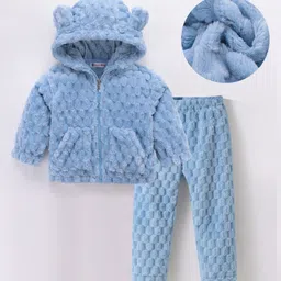 Kookie Kids Full Sleeves Hooded Winter Wear Night Suit with Bear 3D Applique -  Blue-picture-46