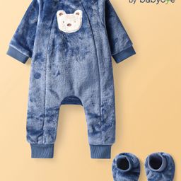 Babyoye Cotton Knit Full Sleeves Winter Wear Sleepsuit with Pair of Booties & Bear Patch - Navy Blue-picture-21