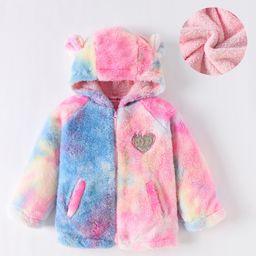 Kookie Kids Full Sleeves Front Open Hooded Fur Winter Jacket with Tie & Dye Design & Heart Patch Detailing - Multicolour-image-41