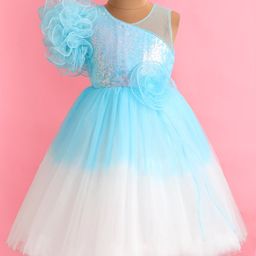 Bluebell Net Woven Sleeveless Frock with Floral Applique & Beads Detailing - Light Blue-image-84