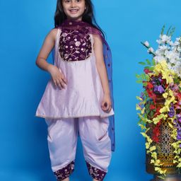 Little Bansi Sleevelesss Floral Embroidered Kurta With Dhoti & Dupatta - Pink-picture-10