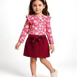 Babyhug Single Jersey Knit Full Sleeves Floral Printed Top & Mid Thigh Length Skirt Set - Pink & Maroon-picture-27
