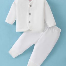 Mom's pet Cotton Full Sleeves Solid Ribbed Thermal Set - White-image-89