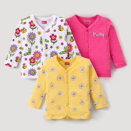 Babyhug Interlock Knit Full Sleeves Front Open Vests With Floral Print Pack of 3 - Pink White & Yellow-image-36