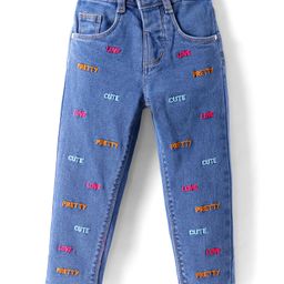 Babyhug Full Length Washed Denim Jeans With Text Embroidery & Stretch - Blue-image-40