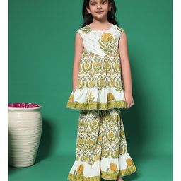 READIPRINT Cotton Sleeveless Floral & Leaves Printed Kurta & Sharara - Green-picture-27