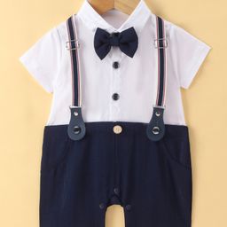 Mark & Mia Half Sleeves Solid ColourParty Romper with Bow & Suspender - Navy & White-image-77