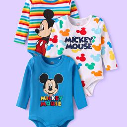 Babyhug Disney Interlock Knit Full Sleeves Onesies with Mickey Mouse Graphics Pack of 3- White& Blue-image-48