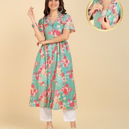 Zelena Cotton Half Sleeves Floral Printed Zipless Maternity Anarkali Kurta - Turquoise-image-5