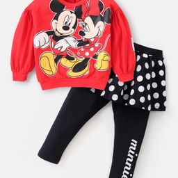 Babyhug Disney Cotton Knit Full Sleeves Sweatshirt & Skeggings Set With Minnie Mouse Graphics & Badge Detailing - Red & Black-image-38