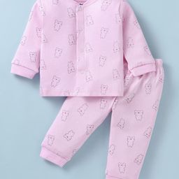 Simply Cotton Knit Full Sleeves Front Open Night Suit With Bear Print - Pink-image-58