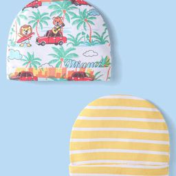 Babyhug Interlock Cotton Knit Tropical & Stripe Printed Caps Pack Of 2 - White & Yellow-image-0