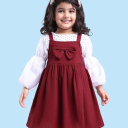 Babyhug Woven Frock with Full Sleeves Polka Dots Printed Top & Bow Applique - White & Red-image-104