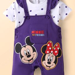 Babyhug Disney Single Jersey Knit Half Sleeves Polka Dots Printed T-Shirt & Dungaree Set with Mickey Mouse Graphics - Purple-image-9