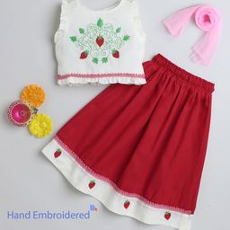 Many frocks & Cotton Sleeveless Strawberry Hand Embroidered Pleated Lehenga Choli & Dupatta Set - Off White & Red-image-90