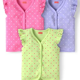 Babyhug 100% Cotton Interlock Knit Frill Sleeves Front Open Vests with Polka Dots Print Pack of 3 - Pink Lilac & Light Green-image-23
