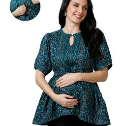 Mom for sure by Ketki Dalal 100% Cotton Woven Half Sleeves Bandhani Printed Maternity Top With Concealed Zipper Nursing Access - Dark Green-image-57