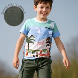 OLLINGTON ST. Cotton Knit Half Sleeves Knit T-Shirt &Lycra Taffeta Shorts with Beach Theme Print - White & Dark Green-picture-17