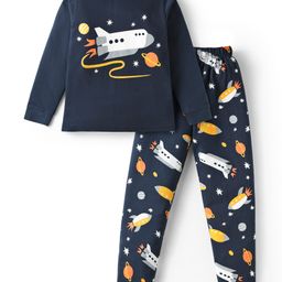 Unicorns Cotton Woven Full Sleeves Space Theme Printed Coordinating Night Suit Set - Navy Blue-image-44
