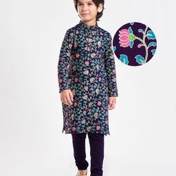 EARTHY TOUCH Single Jersey Knit Full Sleeves Kurta Pyjama Set with Floral Print & Lace Detailing - Purple-image-62