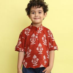 Kinder Kids Cotton Woven Three Fourth Sleeves Floral Printed Shirt - Red-image-34