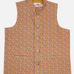 Little Bansi Cotton Woven Sleeveless Floral Motifs Printed Nehru Jacket - Mustard Yellow-20
