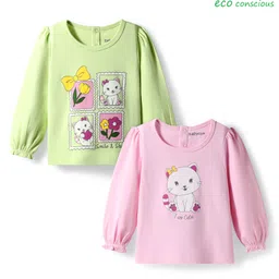 Babyoye 100% Cotton Knit With Eco Jiva Finish Full Sleeves T-Shirts with Kitty & Floral Print Pack of 2 - Light Green & Pink-picture-38