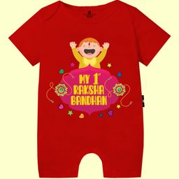 The Peppy Tend 100% Cotton Knit Raksha Bandhan Theme Half Sleeves My 1st Raksha Bandhan Text Printed Romper - Red-image-64