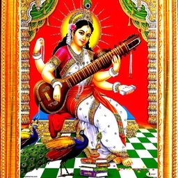 SUNINOW Gold Toned & Red Saraswati Maa Wooden Photo Frames-52