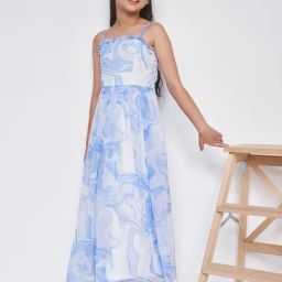 AND girl Kids White & Blue Printed Gown-image-68