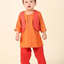 Fabindia Kids Orange & Coral Printed Full Sleeves Kurta, Pants With Jacket-image-1