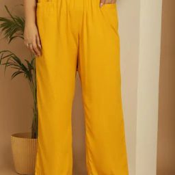 The Rebelinme Mustard 100% Rayon Solid Relaxed Fit Casualtrousers-34
