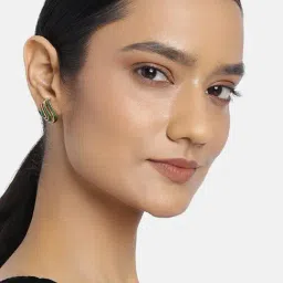 Estele Gold-Plated Green Enamel Leaf Stud Earrings for Women-16