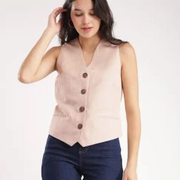 Fablestreet Dusty Pink Linen Relaxed Fit Waistcoat-image-68