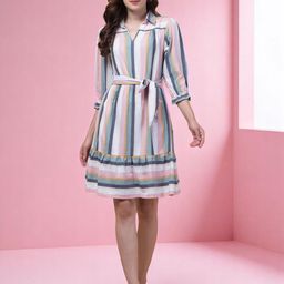 INUKA Women Striped Belted A-Line Dress-image-3
