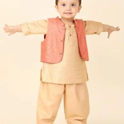 Fabindia Kids Beige & Peach Self Design Full Sleeves Kurta, Pants With Nehru Jacket-image-63