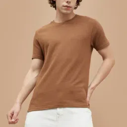 Fame Forever By Lifestyle Tan Cotton Regular Fit Self Pattern T-Shirt-picture-6