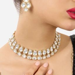 Zaveri Pearls Gold Tone Stones Traditional Choker Necklace Earring Ring Set-ZPFK17601-image-22